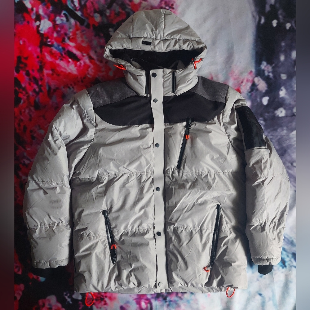 Projek Raw Grey Faux Fur Lined Mixed-Media Puffer Coat